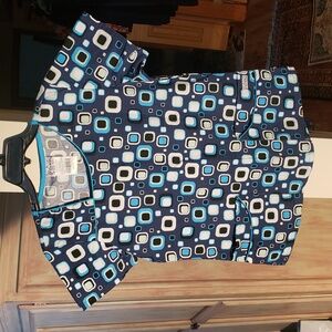 Uniform Advantage Blue and White Geometric Scrub Top